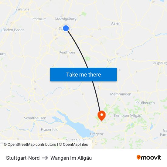 Stuttgart-Nord to Wangen Im Allgäu map