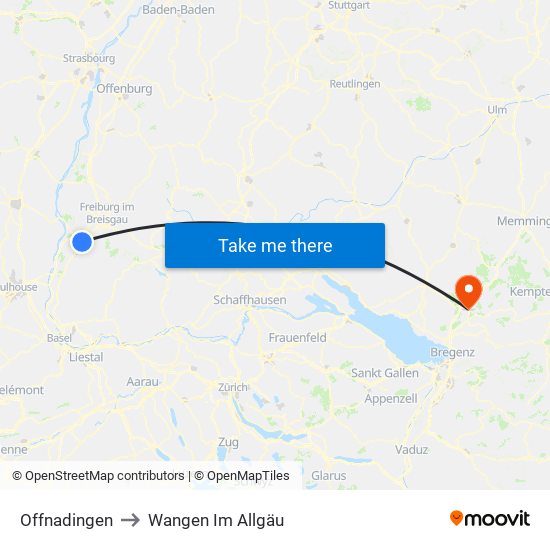 Offnadingen to Wangen Im Allgäu map