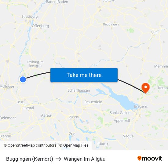 Buggingen (Kernort) to Wangen Im Allgäu map