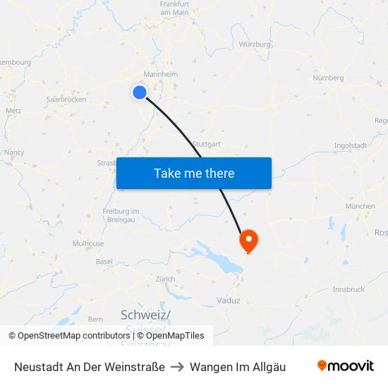 Neustadt An Der Weinstraße to Wangen Im Allgäu map