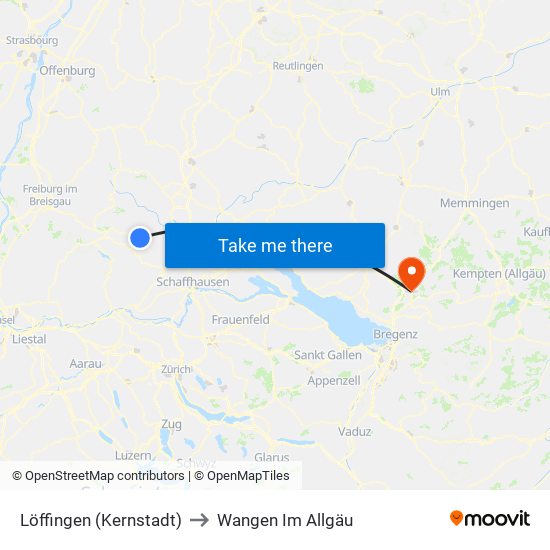 Löffingen (Kernstadt) to Wangen Im Allgäu map