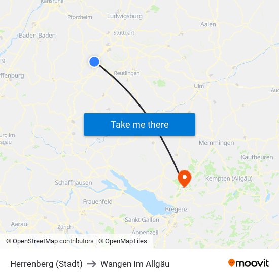 Herrenberg (Stadt) to Wangen Im Allgäu map