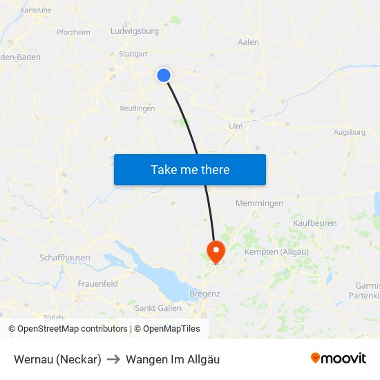 Wernau (Neckar) to Wangen Im Allgäu map