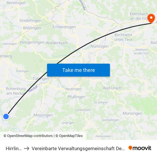 Hirrlingen to Vereinbarte Verwaltungsgemeinschaft Der Stadt Uhingen map