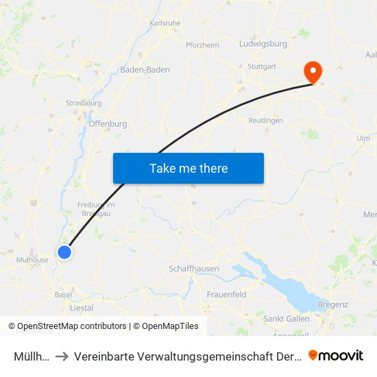 Müllheim to Vereinbarte Verwaltungsgemeinschaft Der Stadt Uhingen map