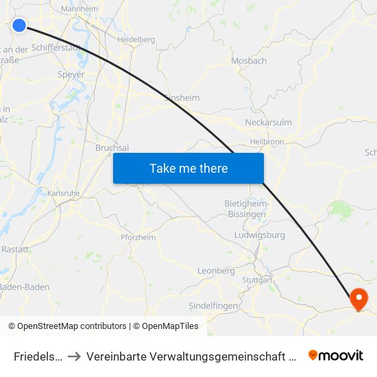 Friedelsheim to Vereinbarte Verwaltungsgemeinschaft Der Stadt Uhingen map