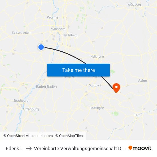 Edenkoben to Vereinbarte Verwaltungsgemeinschaft Der Stadt Uhingen map
