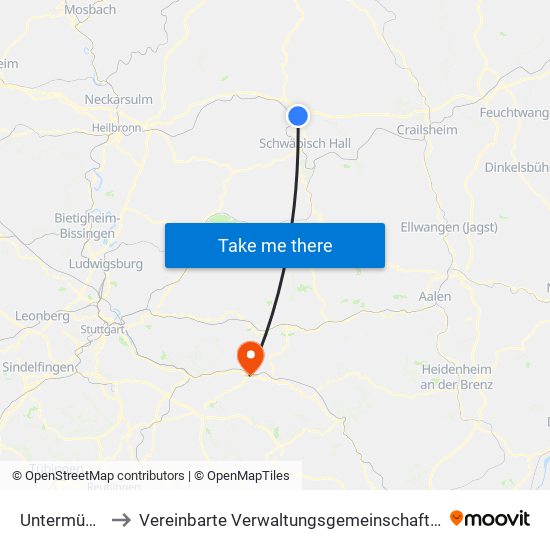 Untermünkheim to Vereinbarte Verwaltungsgemeinschaft Der Stadt Uhingen map