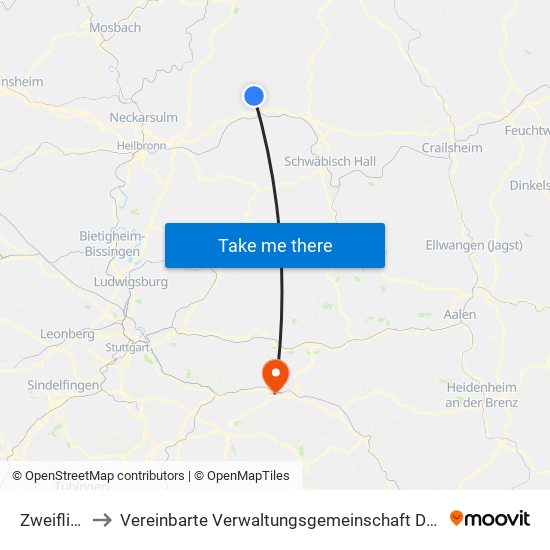 Zweiflingen to Vereinbarte Verwaltungsgemeinschaft Der Stadt Uhingen map