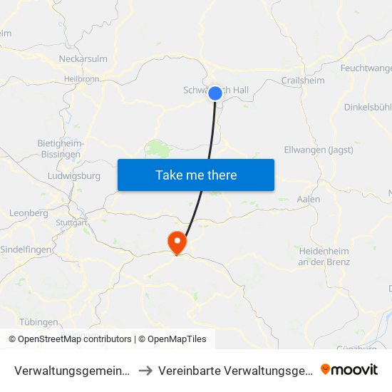 Verwaltungsgemeinschaft Schwäbisch Hall to Vereinbarte Verwaltungsgemeinschaft Der Stadt Uhingen map
