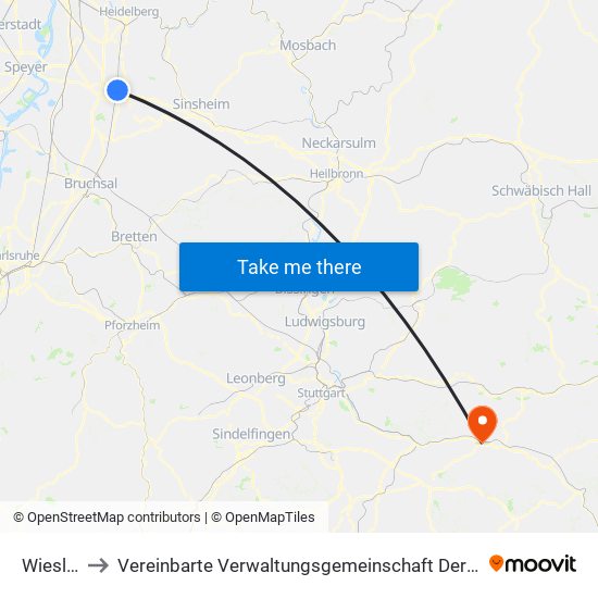 Wiesloch to Vereinbarte Verwaltungsgemeinschaft Der Stadt Uhingen map