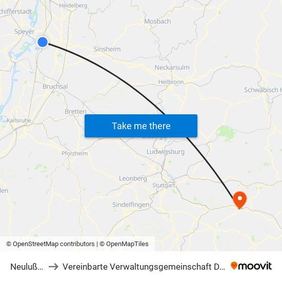 Neulußheim to Vereinbarte Verwaltungsgemeinschaft Der Stadt Uhingen map