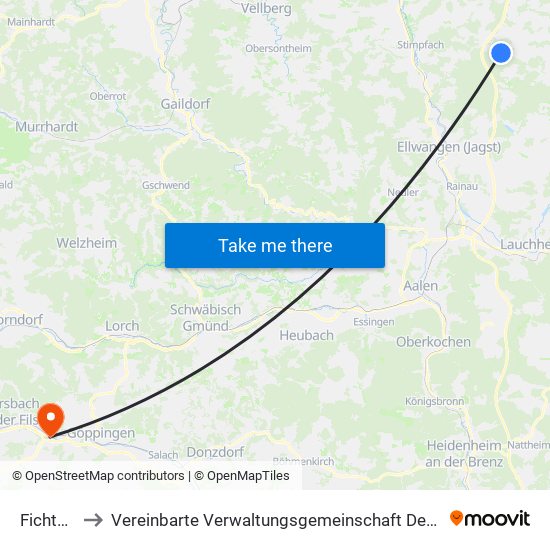 Fichtenau to Vereinbarte Verwaltungsgemeinschaft Der Stadt Uhingen map