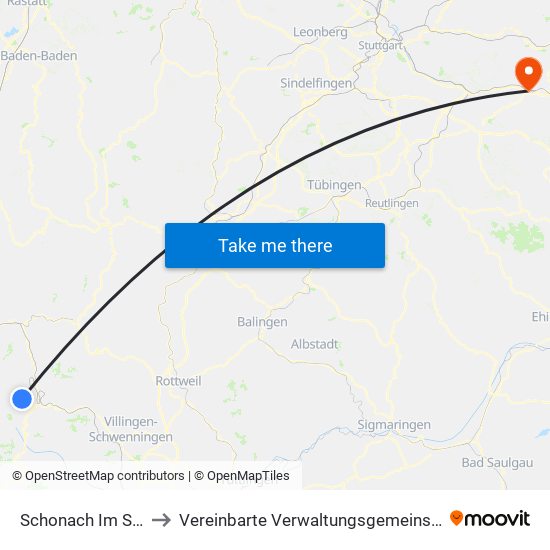 Schonach Im Schwarzwald to Vereinbarte Verwaltungsgemeinschaft Der Stadt Uhingen map