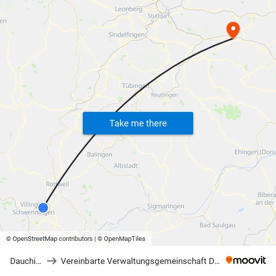 Dauchingen to Vereinbarte Verwaltungsgemeinschaft Der Stadt Uhingen map