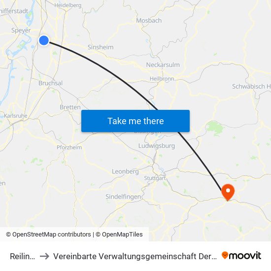 Reilingen to Vereinbarte Verwaltungsgemeinschaft Der Stadt Uhingen map
