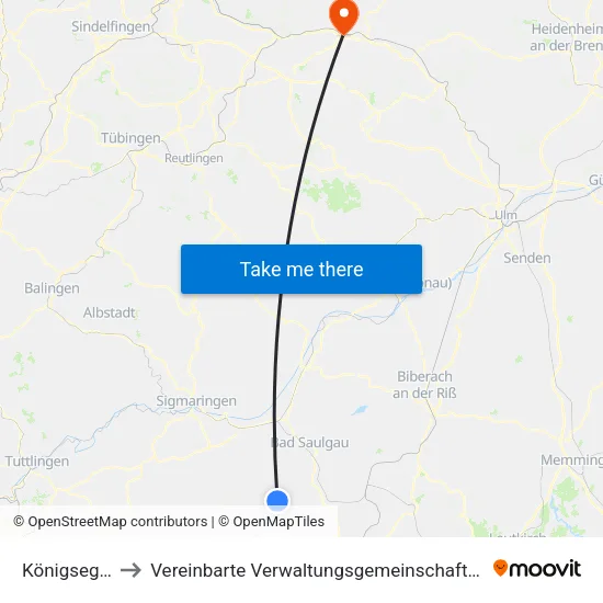 Königseggwald to Vereinbarte Verwaltungsgemeinschaft Der Stadt Uhingen map