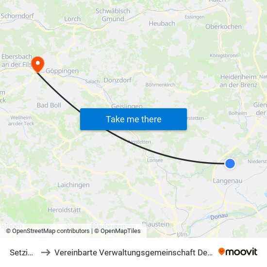 Setzingen to Vereinbarte Verwaltungsgemeinschaft Der Stadt Uhingen map