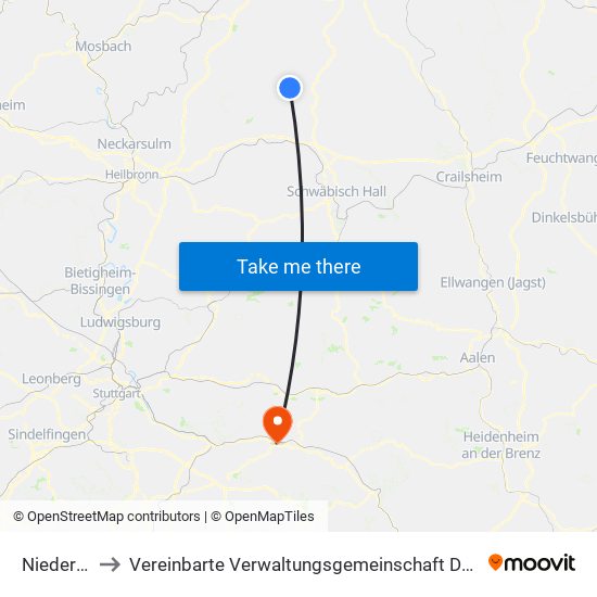 Niedernhall to Vereinbarte Verwaltungsgemeinschaft Der Stadt Uhingen map