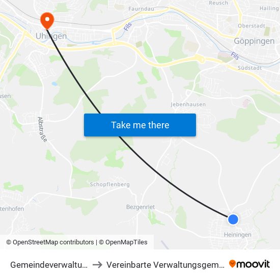 Gemeindeverwaltungsverband Voralb to Vereinbarte Verwaltungsgemeinschaft Der Stadt Uhingen map