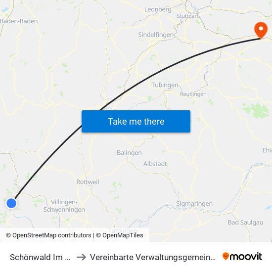 Schönwald Im Schwarzwald to Vereinbarte Verwaltungsgemeinschaft Der Stadt Uhingen map