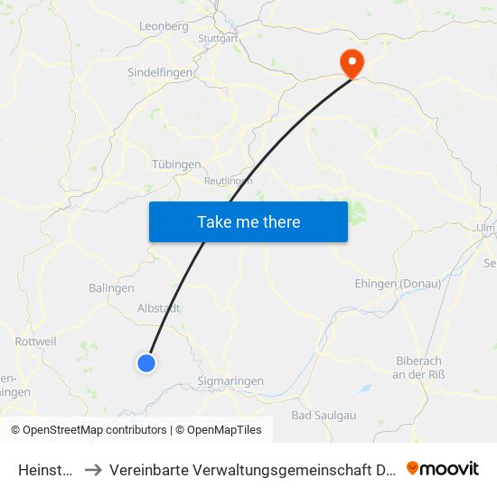 Heinstetten to Vereinbarte Verwaltungsgemeinschaft Der Stadt Uhingen map