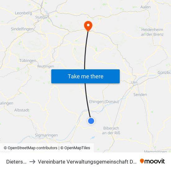 Dieterskirch to Vereinbarte Verwaltungsgemeinschaft Der Stadt Uhingen map