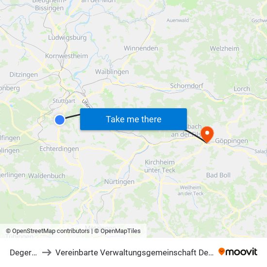 Degerloch to Vereinbarte Verwaltungsgemeinschaft Der Stadt Uhingen map