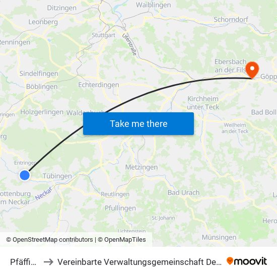 Pfäffingen to Vereinbarte Verwaltungsgemeinschaft Der Stadt Uhingen map