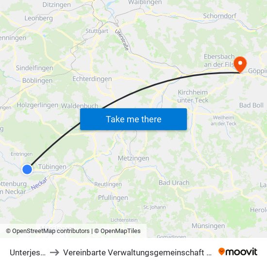 Unterjesingen to Vereinbarte Verwaltungsgemeinschaft Der Stadt Uhingen map