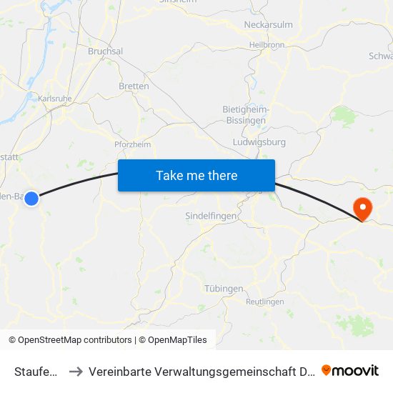 Staufenberg to Vereinbarte Verwaltungsgemeinschaft Der Stadt Uhingen map