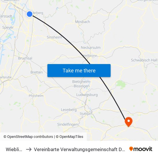 Wieblingen to Vereinbarte Verwaltungsgemeinschaft Der Stadt Uhingen map