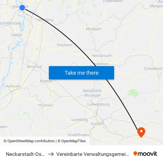 Neckarstadt-Ost/Wohlgelegen to Vereinbarte Verwaltungsgemeinschaft Der Stadt Uhingen map