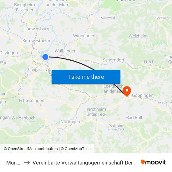 Münster to Vereinbarte Verwaltungsgemeinschaft Der Stadt Uhingen map
