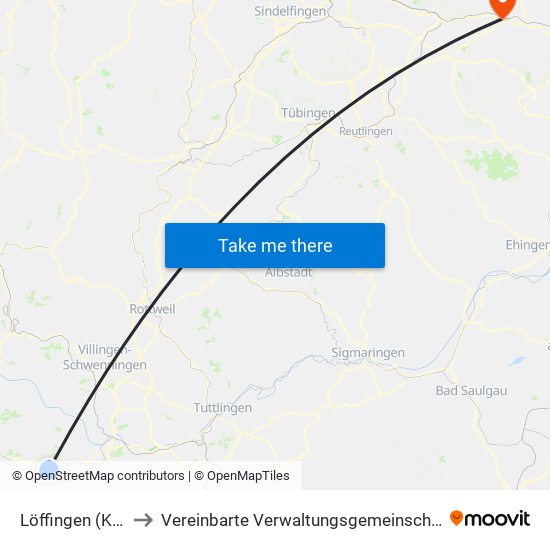 Löffingen (Kernstadt) to Vereinbarte Verwaltungsgemeinschaft Der Stadt Uhingen map