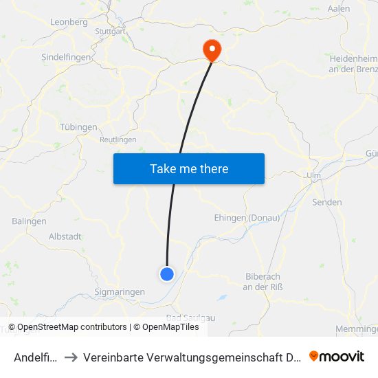 Andelfingen to Vereinbarte Verwaltungsgemeinschaft Der Stadt Uhingen map