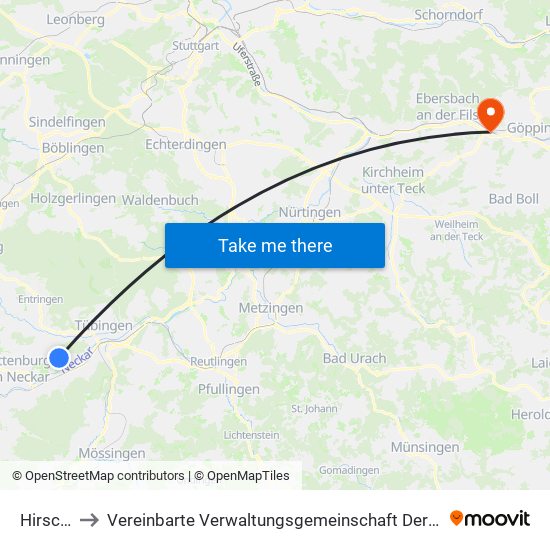 Hirschau to Vereinbarte Verwaltungsgemeinschaft Der Stadt Uhingen map