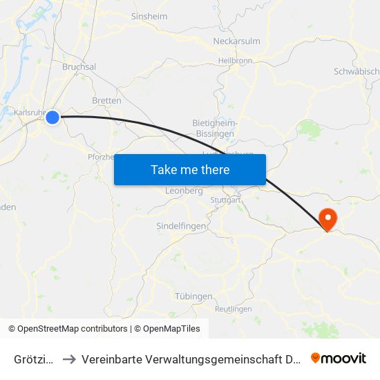 Grötzingen to Vereinbarte Verwaltungsgemeinschaft Der Stadt Uhingen map