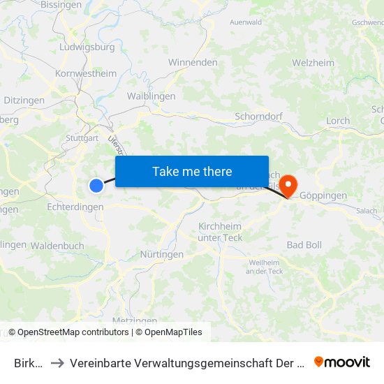 Birkach to Vereinbarte Verwaltungsgemeinschaft Der Stadt Uhingen map