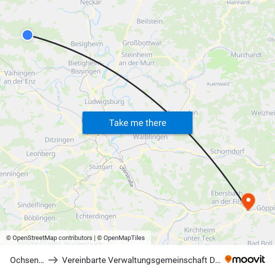 Ochsenbach to Vereinbarte Verwaltungsgemeinschaft Der Stadt Uhingen map