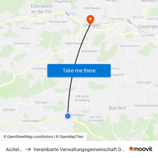 Aichelberg to Vereinbarte Verwaltungsgemeinschaft Der Stadt Uhingen map