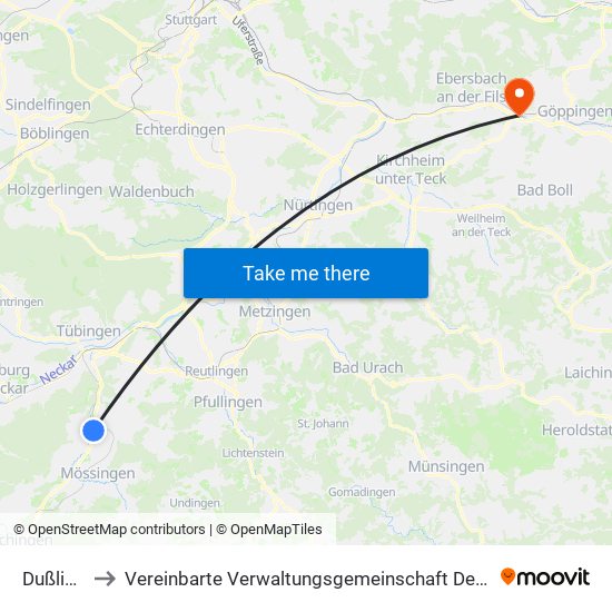 Dußlingen to Vereinbarte Verwaltungsgemeinschaft Der Stadt Uhingen map