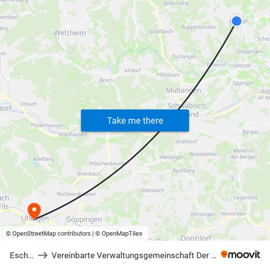 Eschach to Vereinbarte Verwaltungsgemeinschaft Der Stadt Uhingen map