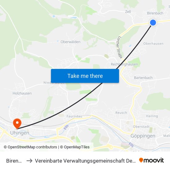 Birenbach to Vereinbarte Verwaltungsgemeinschaft Der Stadt Uhingen map