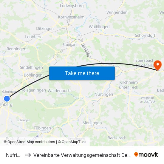 Nufringen to Vereinbarte Verwaltungsgemeinschaft Der Stadt Uhingen map