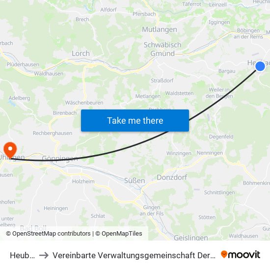 Heubach to Vereinbarte Verwaltungsgemeinschaft Der Stadt Uhingen map