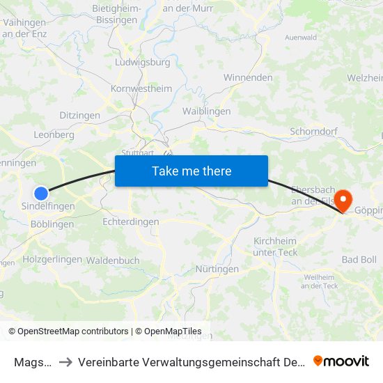 Magstadt to Vereinbarte Verwaltungsgemeinschaft Der Stadt Uhingen map