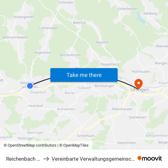 Reichenbach An Der Fils to Vereinbarte Verwaltungsgemeinschaft Der Stadt Uhingen map