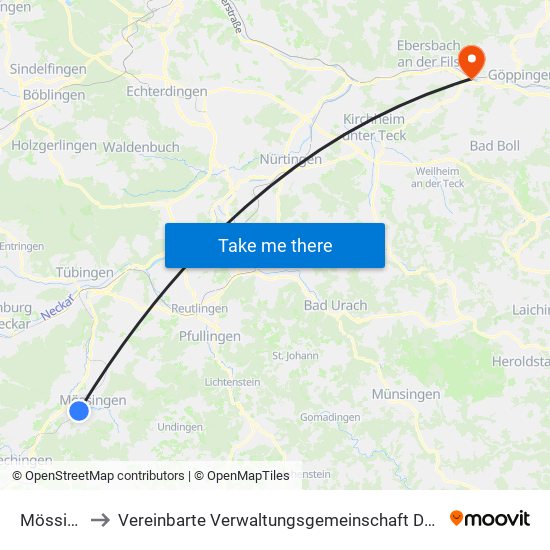 Mössingen to Vereinbarte Verwaltungsgemeinschaft Der Stadt Uhingen map