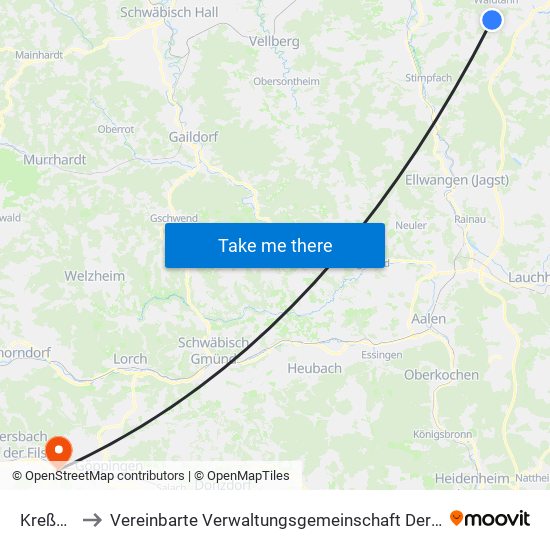 Kreßberg to Vereinbarte Verwaltungsgemeinschaft Der Stadt Uhingen map